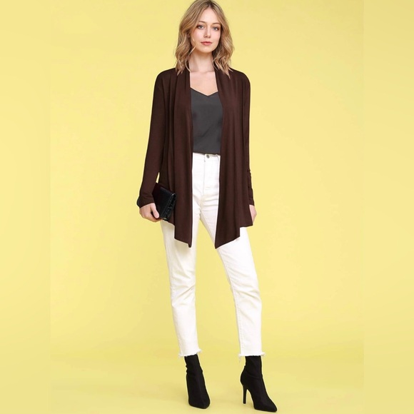Draped Front Open Cardigan Casual Long Sleeve Lightweight Cardigan -brown - Picture 5 of 6